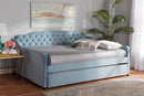 Savita Light Blue Velvet Fabric Button Tufted Queen Size Daybed w/Trundle Baxton