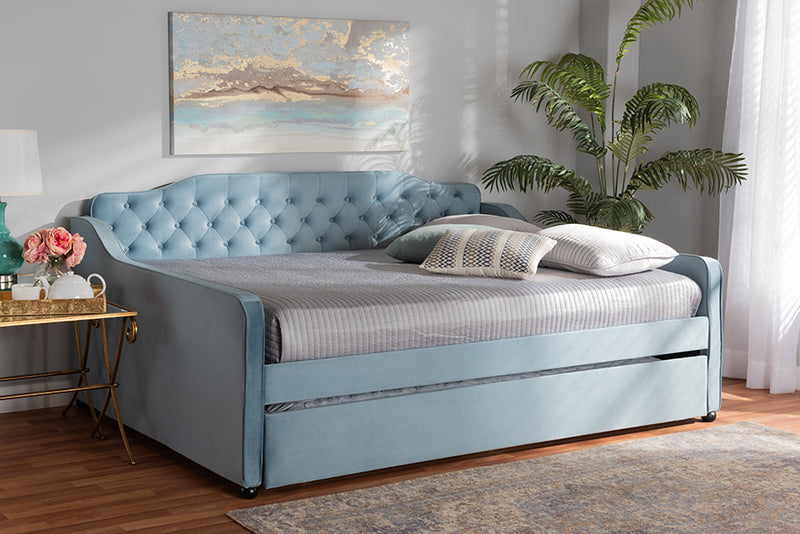 Savita Transitional and Contemporary Light Blue Velvet Fabric Upholstered and Button Tufted Full Size Daybed w/Trundle