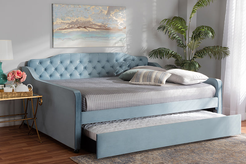 Savita Transitional and Contemporary Light Blue Velvet Fabric Upholstered and Button Tufted Full Size Daybed w/Trundle