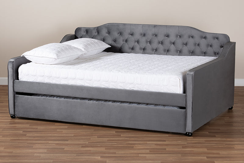 Savita Transitional and Contemporary Gray Velvet Fabric Upholstered and Button Tufted Full Size Daybed w/Trundle