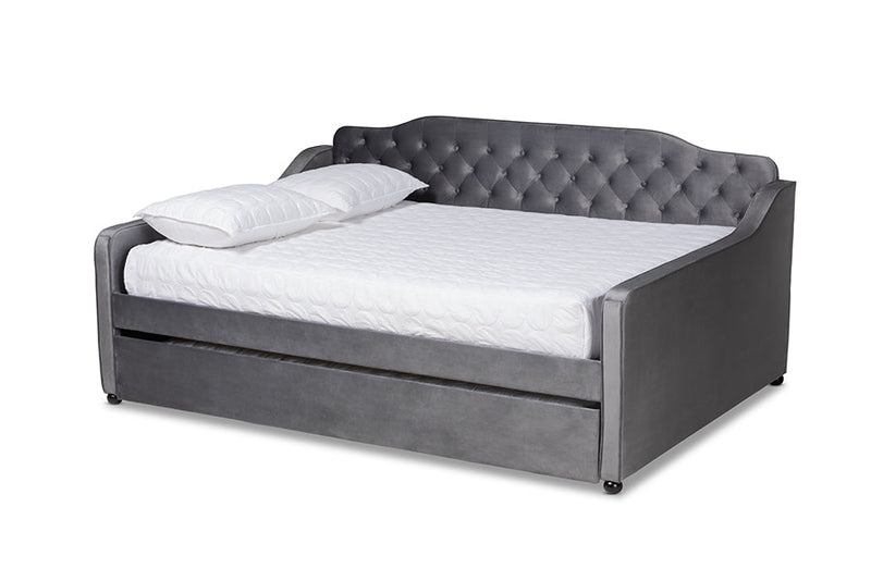 Savita Gray Velvet Fabric Button Tufted Queen Size Daybed w/Trundle Baxton