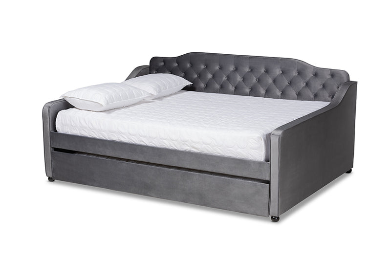 Savita Transitional and Contemporary Gray Velvet Fabric Upholstered and Button Tufted Full Size Daybed w/Trundle