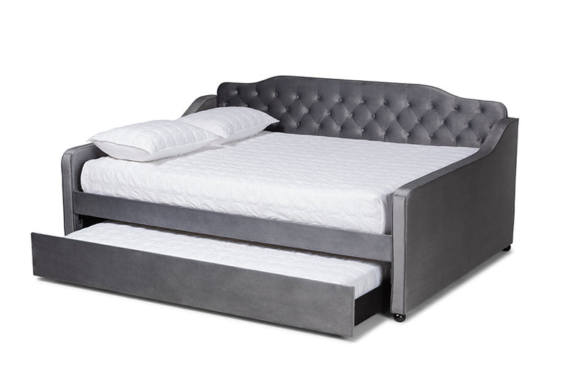 Savita Gray Velvet Fabric Button Tufted Queen Size Daybed w/Trundle Baxton