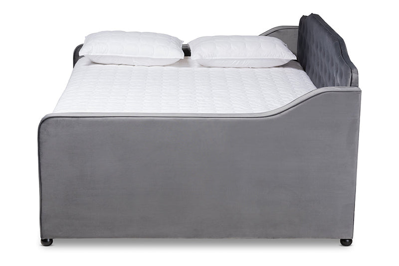 Savita Gray Velvet Fabric Button Tufted Queen Size Daybed w/Trundle Baxton