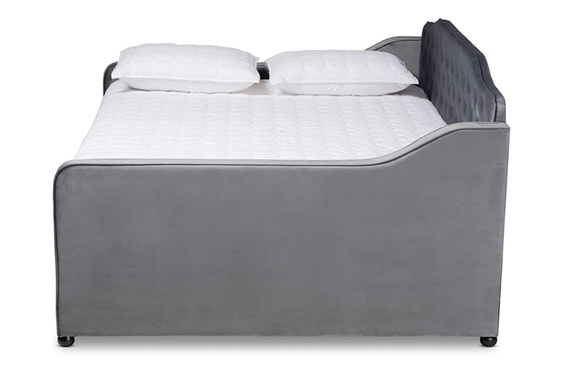 Savita Transitional and Contemporary Gray Velvet Fabric Upholstered and Button Tufted Full Size Daybed w/Trundle