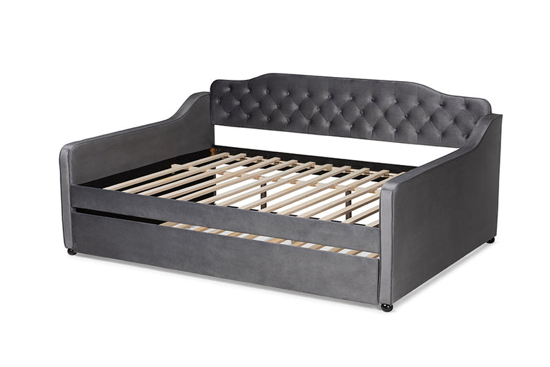 Savita Gray Velvet Fabric Button Tufted Queen Size Daybed w/Trundle Baxton