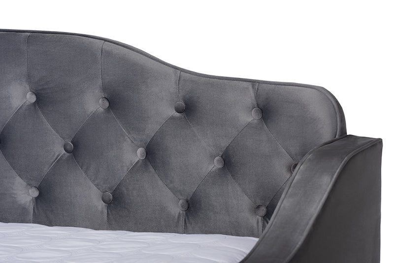 Savita Transitional and Contemporary Gray Velvet Fabric Upholstered and Button Tufted Full Size Daybed w/Trundle