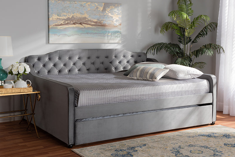 Savita Transitional and Contemporary Gray Velvet Fabric Upholstered and Button Tufted Full Size Daybed w/Trundle