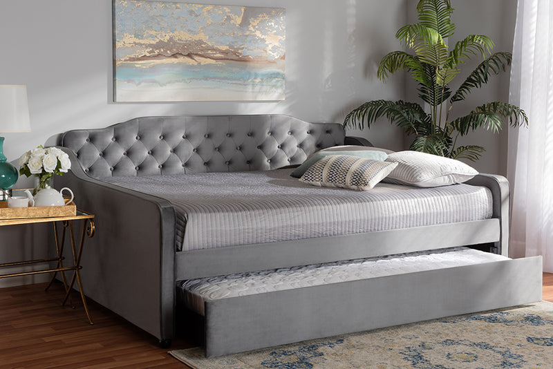 Savita Transitional and Contemporary Gray Velvet Fabric Upholstered and Button Tufted Full Size Daybed w/Trundle