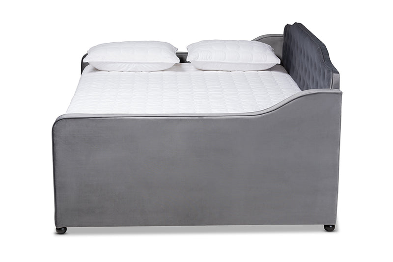 Savita Transitional and Contemporary Gray Velvet Fabric Upholstered and Button Tufted Full Size Daybed