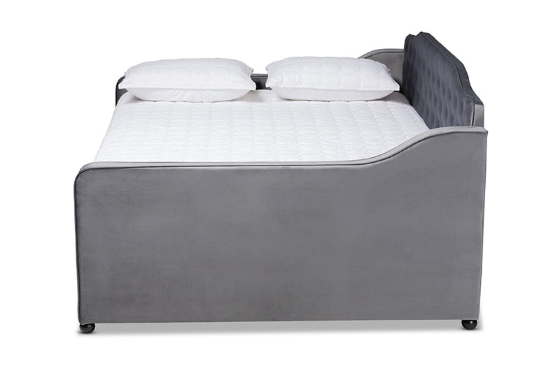 Savita Gray Velvet Fabric Upholstered and Button Tufted Queen Size Daybed Baxton