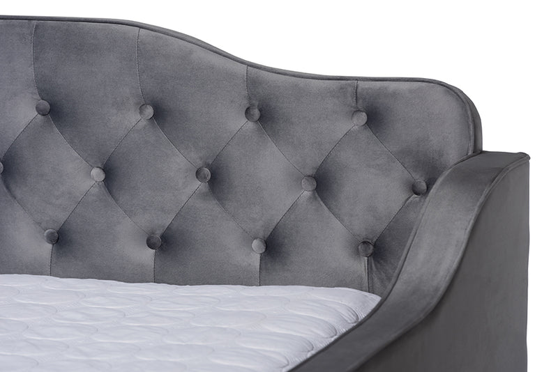 Savita Transitional and Contemporary Gray Velvet Fabric Upholstered and Button Tufted Full Size Daybed