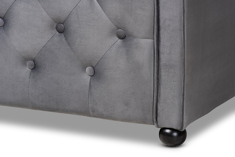 Savita Transitional and Contemporary Gray Velvet Fabric Upholstered and Button Tufted Full Size Daybed