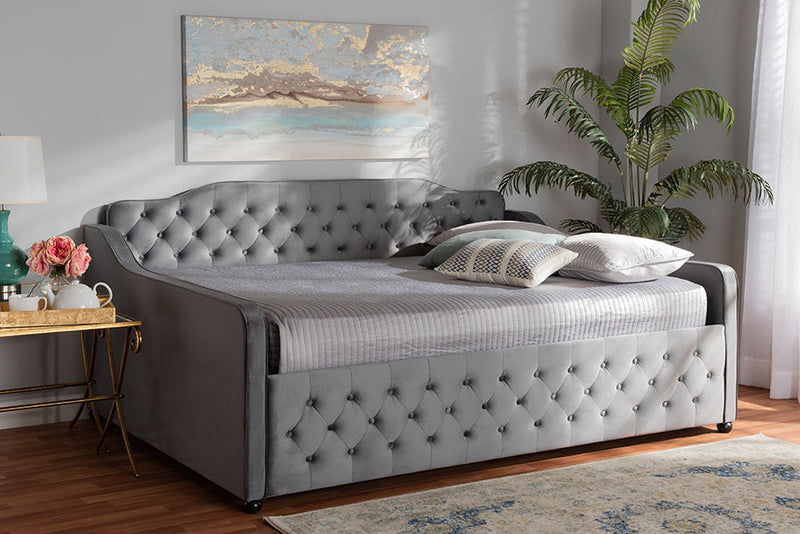 Savita Gray Velvet Fabric Upholstered and Button Tufted Queen Size Daybed Baxton