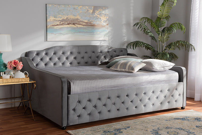 Savita Transitional and Contemporary Gray Velvet Fabric Upholstered and Button Tufted Full Size Daybed