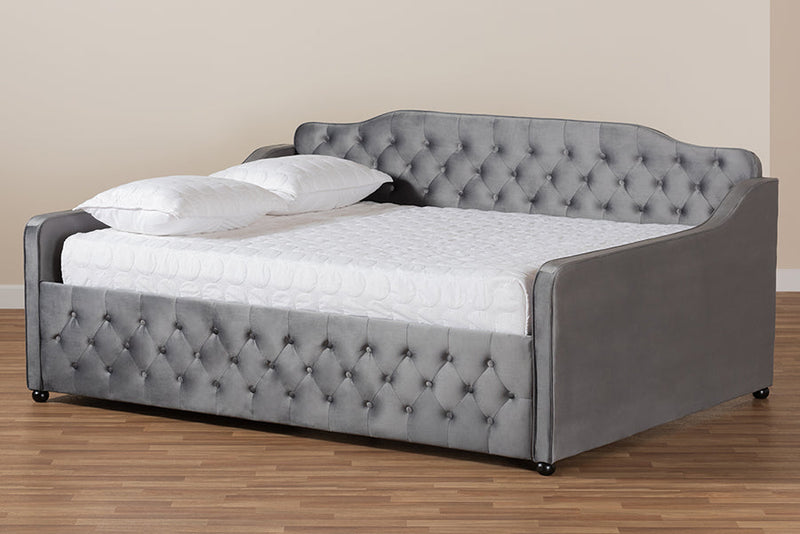Savita Gray Velvet Fabric Upholstered and Button Tufted Queen Size Daybed Baxton