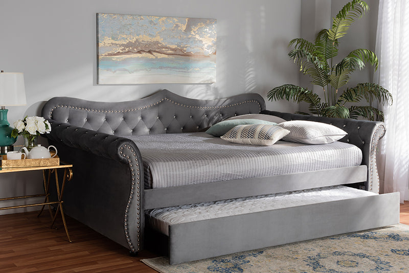 Caspian Traditional and Transitional Gray Velvet Fabric Upholstered and Crystal Tufted Full Size Daybed w/Trundle