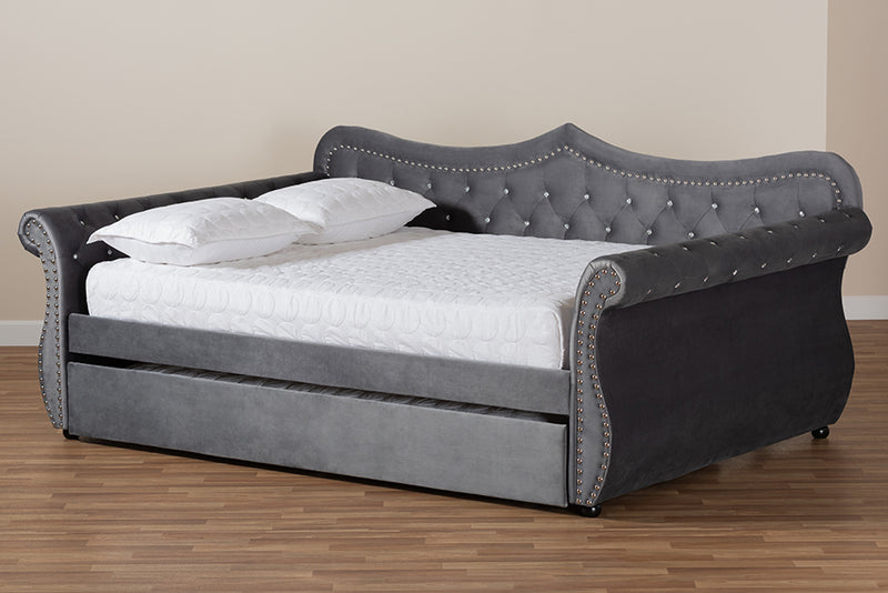 Caspian Traditional and Transitional Gray Velvet Fabric Upholstered and Crystal Tufted Full Size Daybed w/Trundle