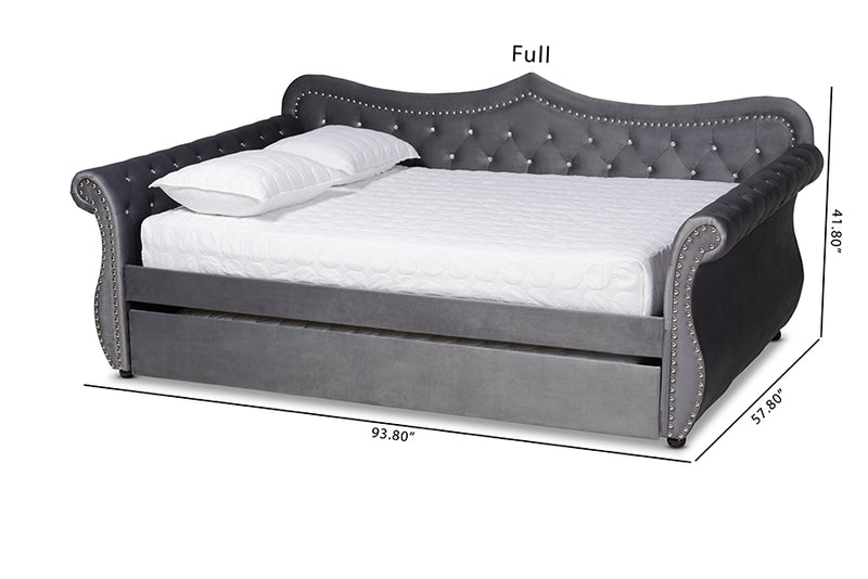 Caspian Traditional and Transitional Gray Velvet Fabric Upholstered and Crystal Tufted Full Size Daybed w/Trundle