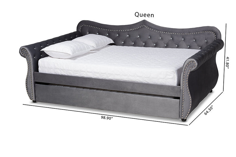Caspian Gray Velvet Fabric Crystal Tufted Full Size Daybed w/Trundle Baxton