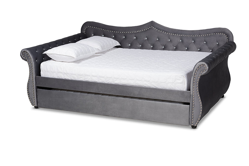 Caspian Traditional and Transitional Gray Velvet Fabric Upholstered and Crystal Tufted Full Size Daybed w/Trundle