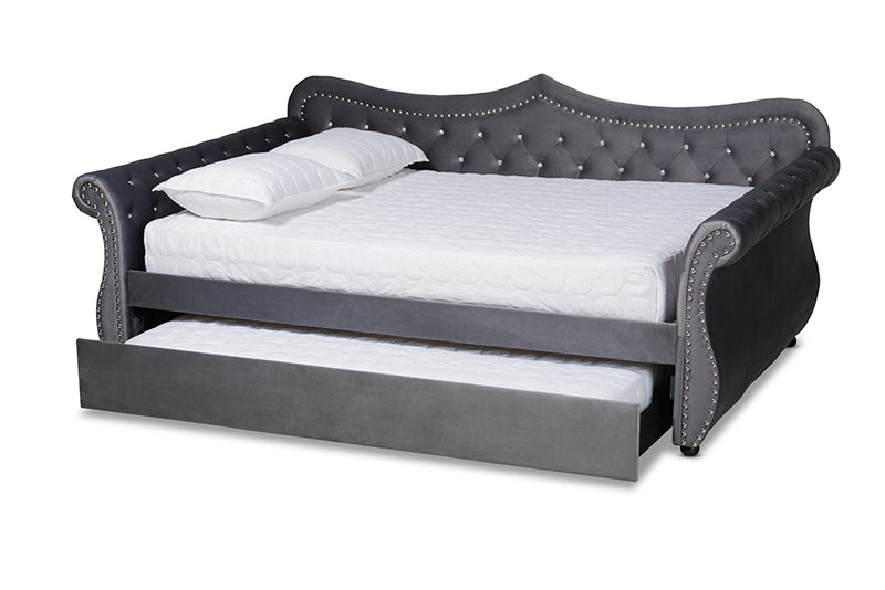 Caspian Traditional and Transitional Gray Velvet Fabric Upholstered and Crystal Tufted Full Size Daybed w/Trundle