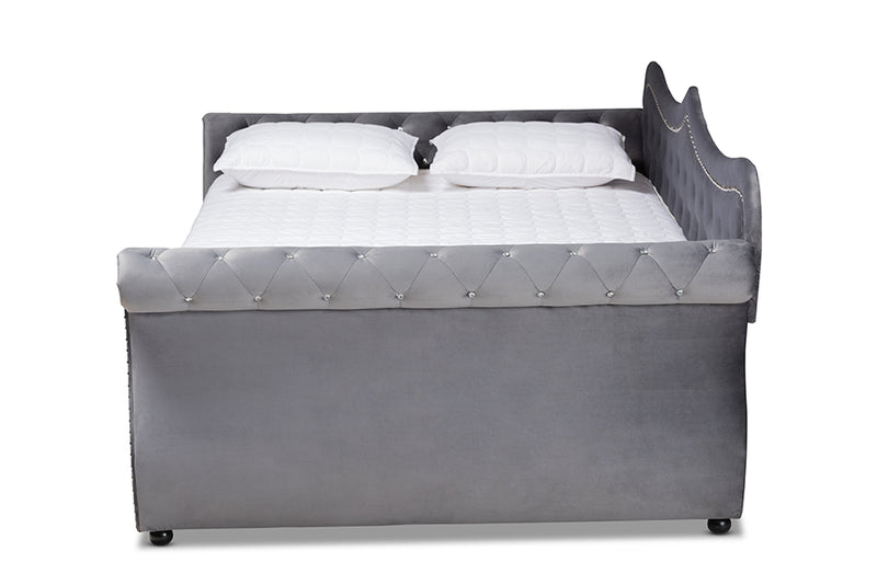 Caspian Traditional and Transitional Gray Velvet Fabric Upholstered and Crystal Tufted Full Size Daybed w/Trundle