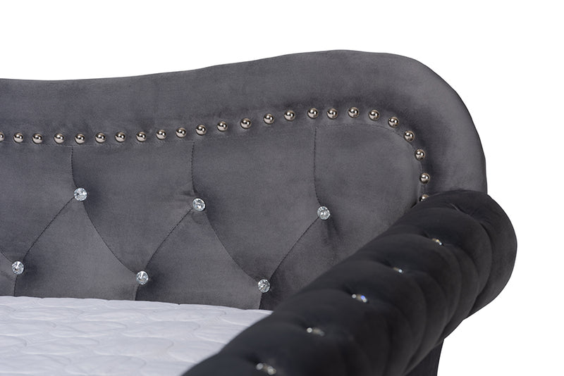 Caspian Traditional and Transitional Gray Velvet Fabric Upholstered and Crystal Tufted Full Size Daybed w/Trundle