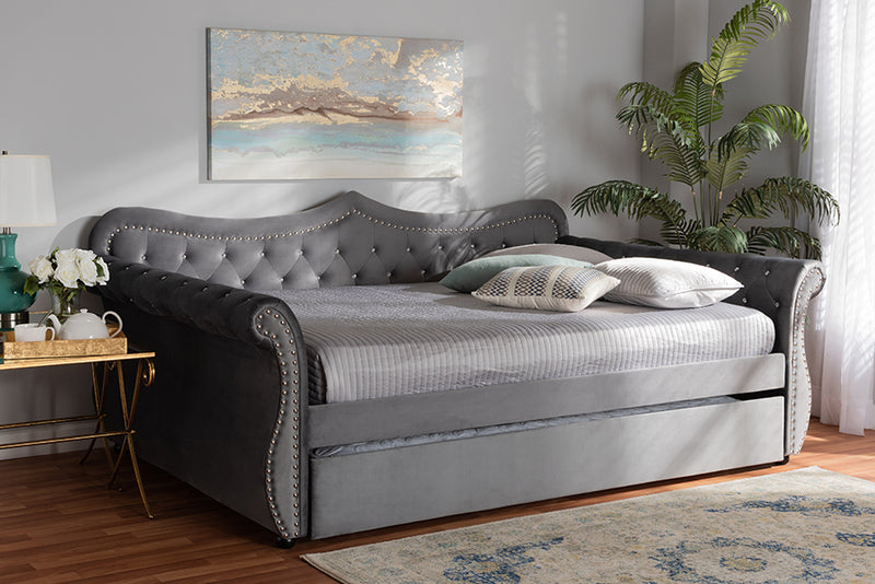 Caspian Traditional and Transitional Gray Velvet Fabric Upholstered and Crystal Tufted Full Size Daybed w/Trundle