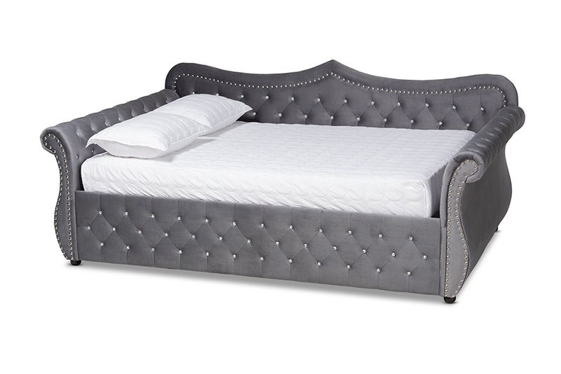 Caspian Traditional and Transitional Gray Velvet Fabric Upholstered and Crystal Tufted Full Size Daybed