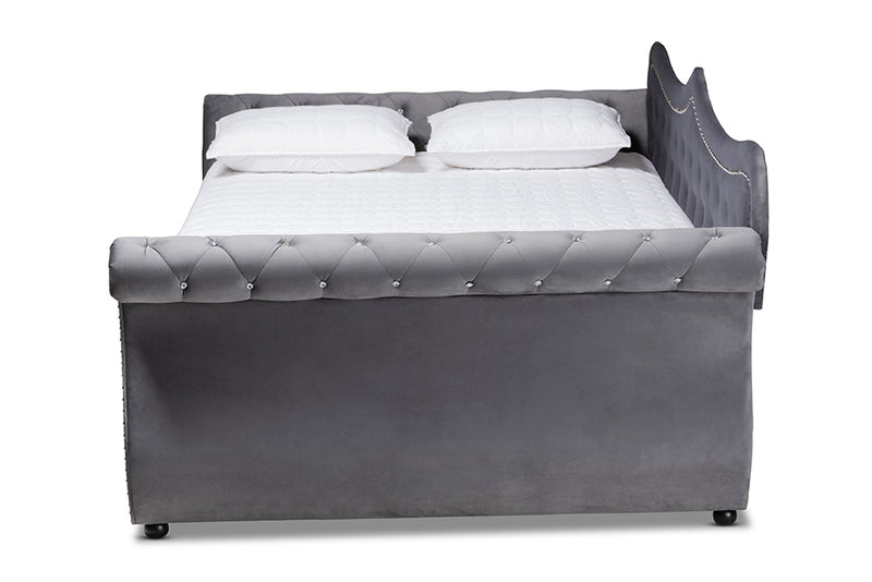 Caspian Traditional and Transitional Gray Velvet Fabric Upholstered and Crystal Tufted Full Size Daybed