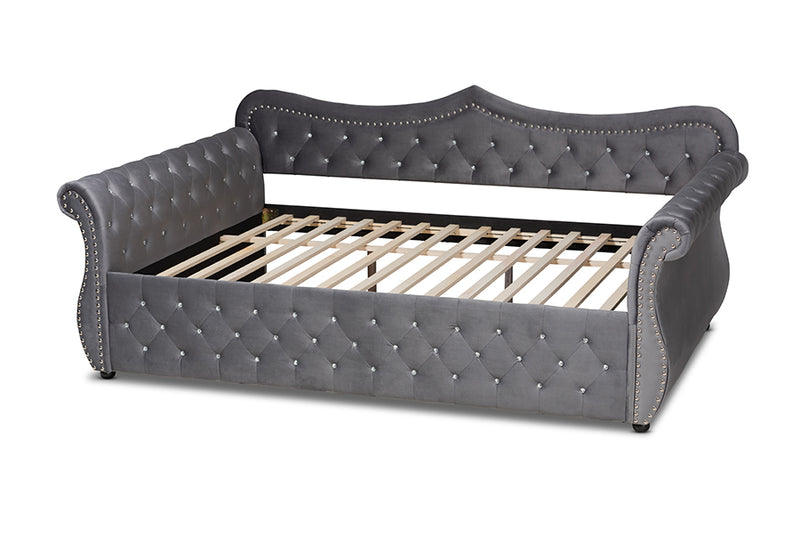 Caspian Traditional and Transitional Gray Velvet Fabric Upholstered and Crystal Tufted Full Size Daybed