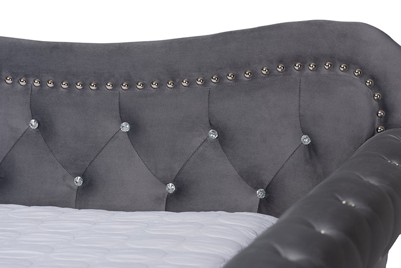 Caspian Traditional and Transitional Gray Velvet Fabric Upholstered and Crystal Tufted Full Size Daybed