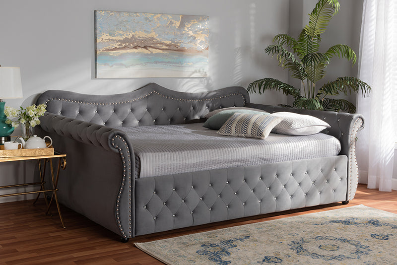 Caspian Traditional and Transitional Gray Velvet Fabric Upholstered and Crystal Tufted Full Size Daybed 