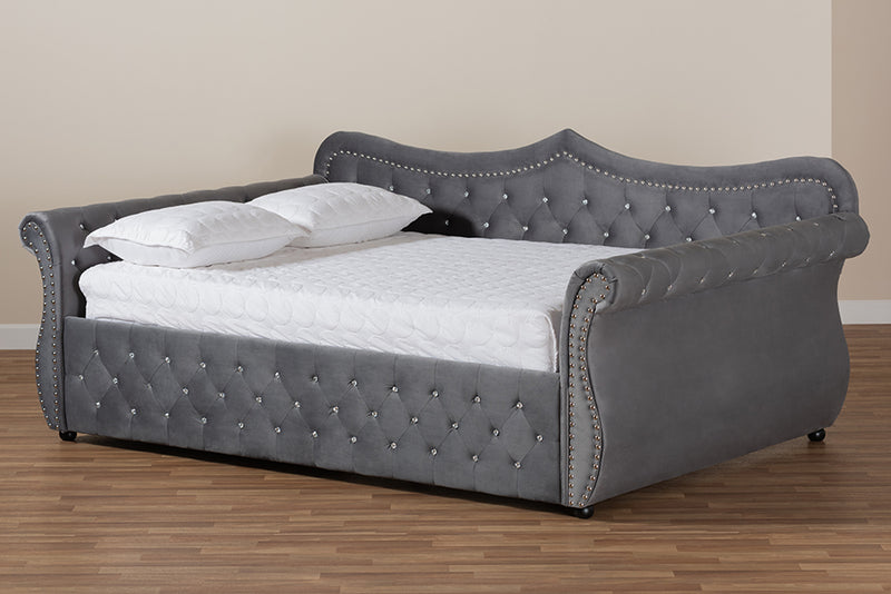 Caspian Traditional and Transitional Gray Velvet Fabric Upholstered and Crystal Tufted Full Size Daybed