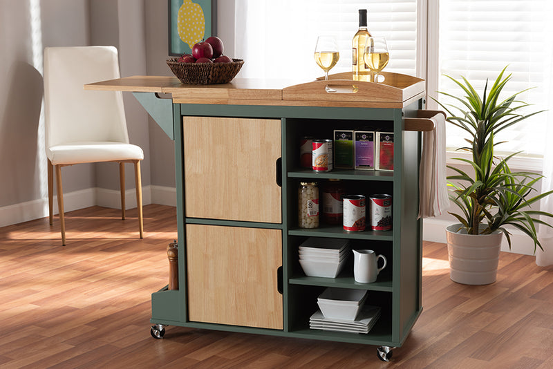 Quinn Coastal and Farmhouse Two-tone Dark Green and Natural Wood Kitchen Storage Cart