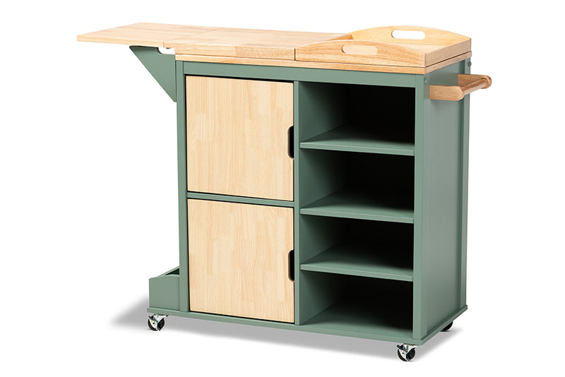 Quinn Coastal and Farmhouse Two-tone Dark Green and Natural Wood Kitchen Storage Cart