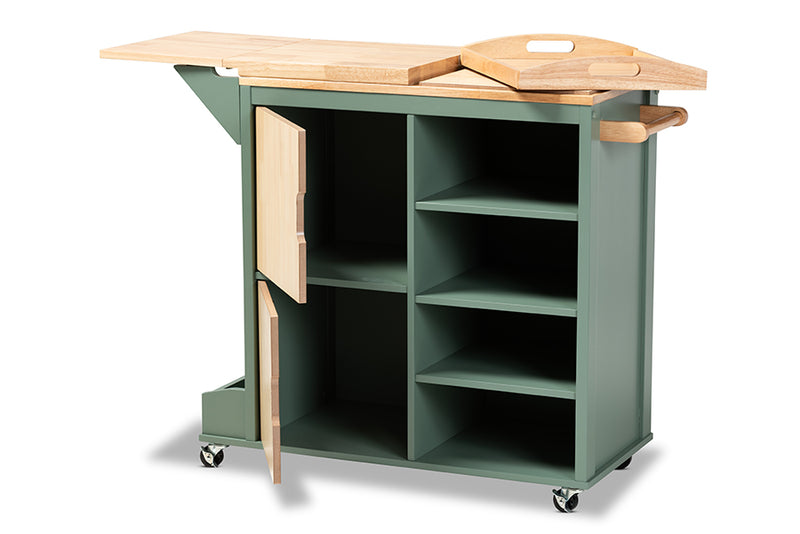 Quinn Coastal and Farmhouse Two-tone Dark Green and Natural Wood Kitchen Storage Cart