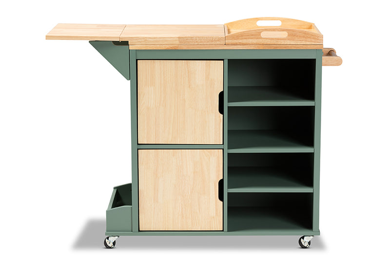 Quinn Coastal and Farmhouse Two-tone Dark Green and Natural Wood Kitchen Storage Cart