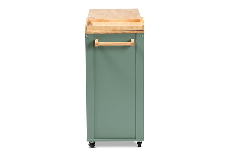 Quinn Coastal and Farmhouse Two-tone Dark Green and Natural Wood Kitchen Storage Cart