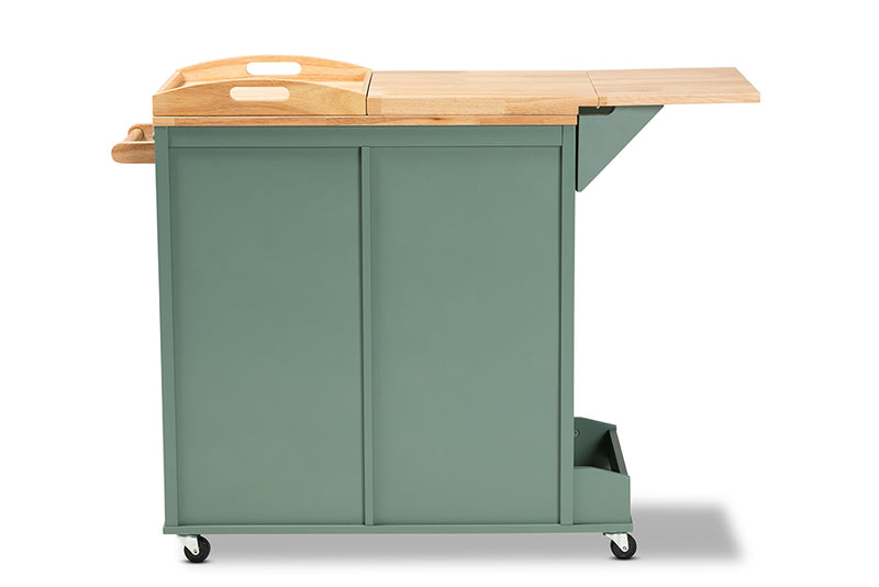 Quinn Coastal and Farmhouse Two-tone Dark Green and Natural Wood Kitchen Storage Cart