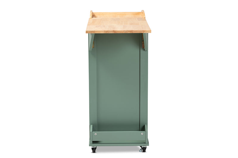 Quinn Coastal and Farmhouse Two-tone Dark Green and Natural Wood Kitchen Storage Cart