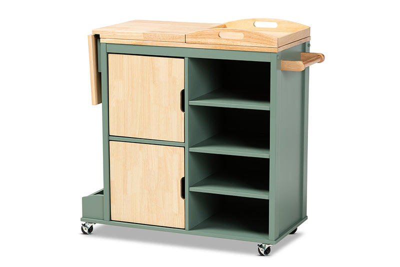 Quinn Coastal and Farmhouse Two-tone Dark Green and Natural Wood Kitchen Storage Cart