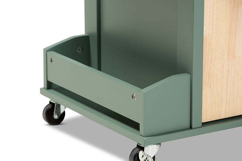 Quinn Coastal and Farmhouse Two-tone Dark Green and Natural Wood Kitchen Storage Cart