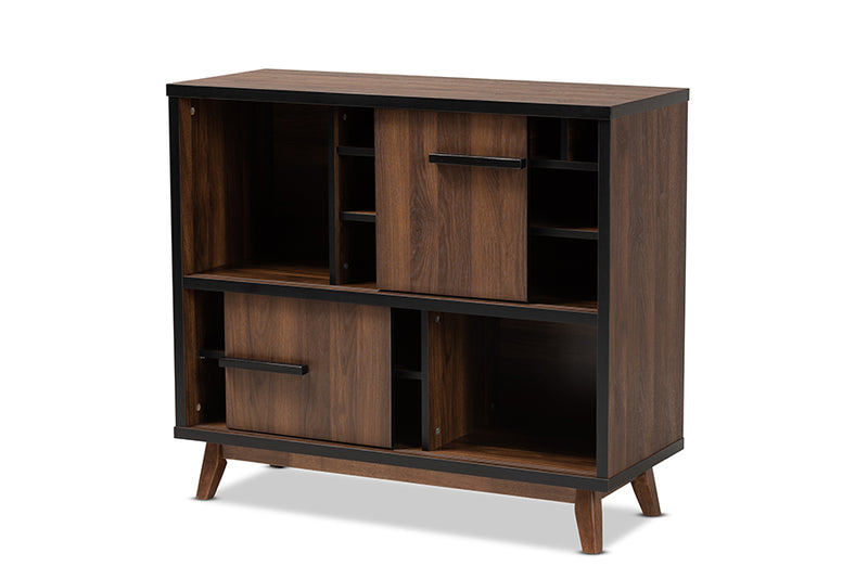 Chloe Mid-Century Modern Two-Tone Walnut Brown and Black Finished Wood Wine Storage Cabinet