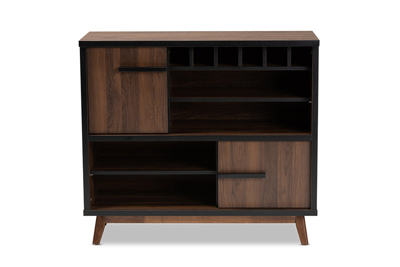 Chloe Mid-Century Modern Two-Tone Walnut Brown and Black Finished Wood Wine Storage Cabinet