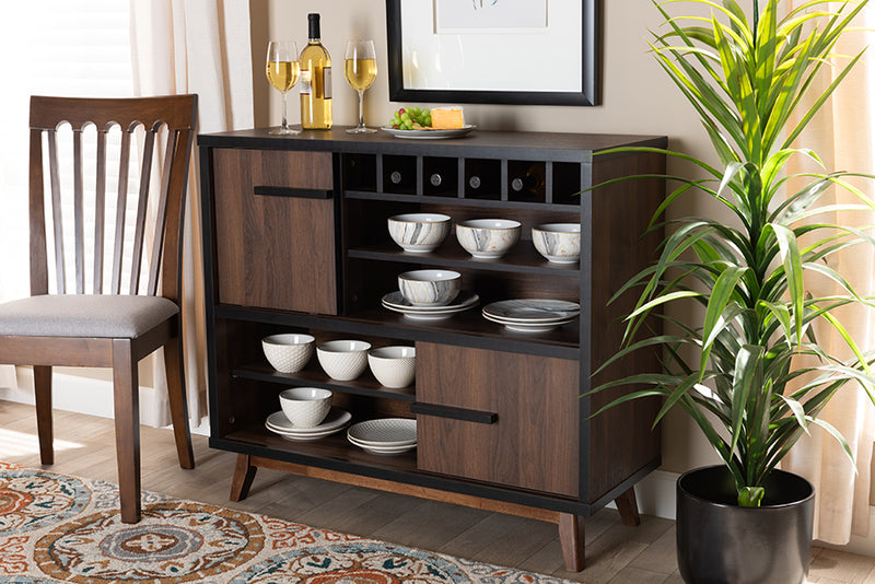 Chloe Mid-Century Modern Two-Tone Walnut Brown and Black Finished Wood Wine Storage Cabinet