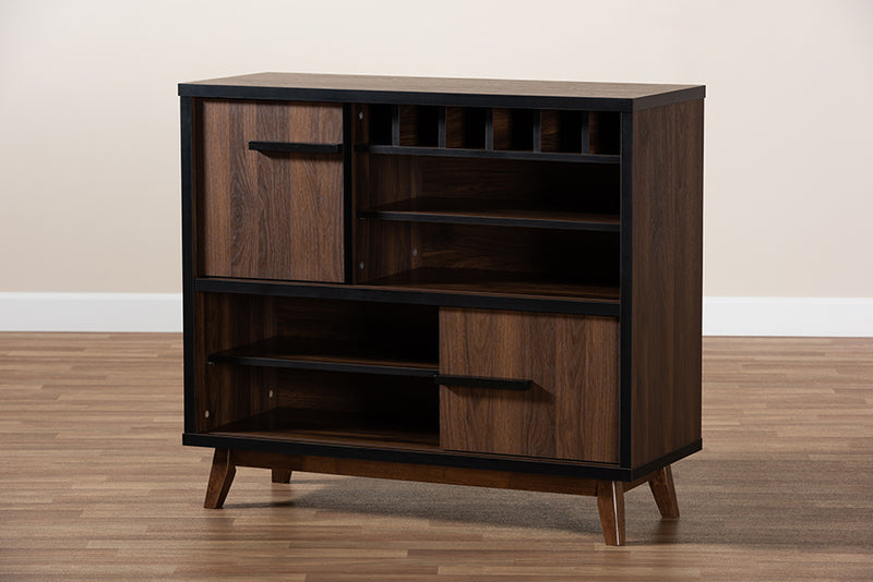 Chloe Mid-Century Modern Two-Tone Walnut Brown and Black Finished Wood Wine Storage Cabinet