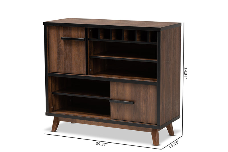 Chloe Mid-Century Modern Two-Tone Walnut Brown and Black Finished Wood Wine Storage Cabinet