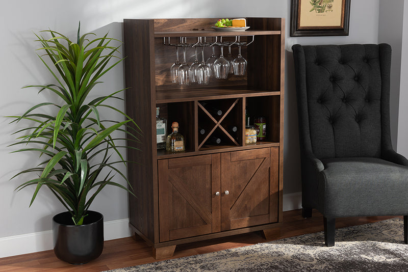 Priscilla Transitional Farmhouse Walnut Brown Finished Wood Wine Storage Cabinet